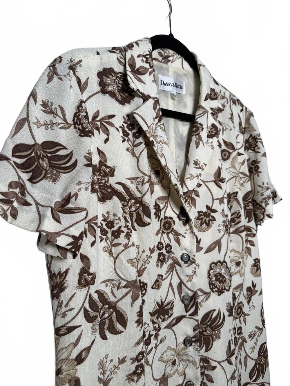Vintage Cream and Brown Floral Print Button-Up Dress Large - Picture 2 of 6